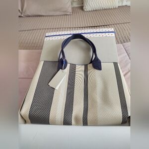 Rothy's Light Weight Mega Tote Navy Stripe Twill NEW
